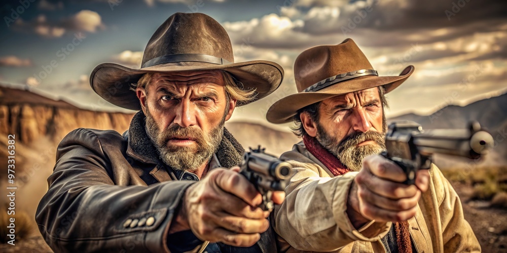 Fototapeta premium Close up of two rugged cowboys engaged in a dramatic gunfight in the Wild West, confrontation, weapons, duel, intense, shoot out, outlaws, showdown, gunfight, danger, desert, dangerous