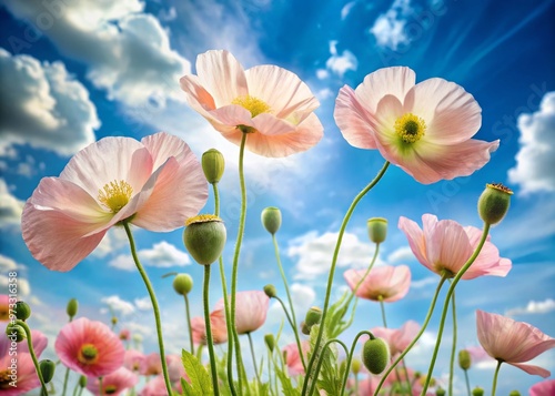 Delicate papaver flowers sway gently in the breeze, their soft pink petals and golden centers glowing warmly against photo