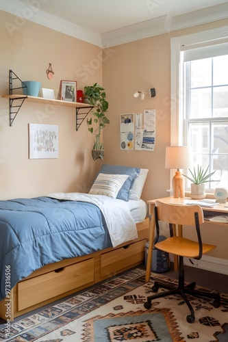 A bright youth dorm room with typical decoration and furniture. The room has a bed with a blue comforter and a white sheet.