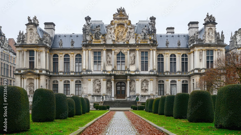 Fototapeta premium A grand, symmetrical palace with a stone facade and a pathway leading to the entrance. The palace is surrounded by manicured lawns and hedges.