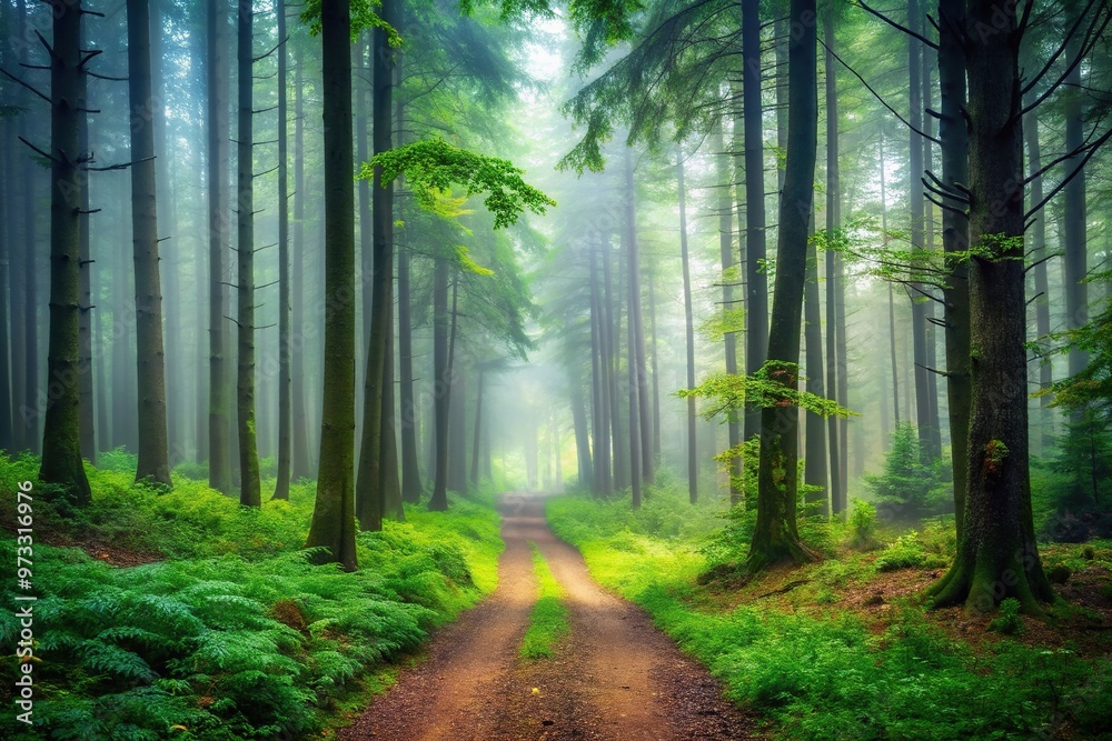 A mysterious path leads through a dense and misty forest with tall trees and lush vegetation, path, landscape, enchanting, ethereal, ambiance, tranquility, atmospheric, vegetation, pathway A mysterious path leads through a dense and misty forest with tall trees and lush vegetation, path, landscape, enchanting, ethereal, ambiance, tranquility, atmospheric, vegetation, pathway