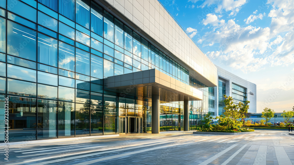 Obraz premium Modern hospital building with large glass windows and beautiful landscaping