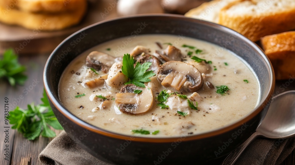 Creamy mushroom soup, Delicious appetizer| Creamy soup with chicken and mushrooms, The most delicious appetizer| Cream of Mushroom Soup Recipe, A bowl of warm mushroom cream soup Creamy mushroom soup, Delicious appetizer| Creamy soup with chicken and mushrooms, The most delicious appetizer| Cream of Mushroom Soup Recipe, A bowl of warm mushroom cream soup