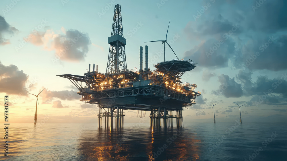 Modern oil platform with wind turbines in distance, showcasing innovation and sustainability Modern oil platform with wind turbines in distance, showcasing innovation and sustainability