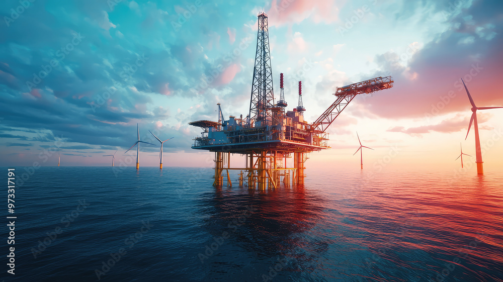 Modern oil platform with wind turbines in distance, showcasing innovation and energy Modern oil platform with wind turbines in distance, showcasing innovation and energy