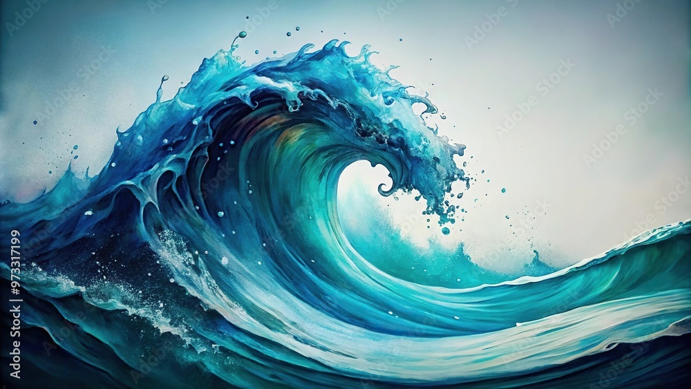 Abstract painting of waves in dark blue and turquoise ink, macro shot