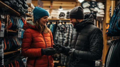 Couple Trying Winter Gear in a Sports Equipment Store photo