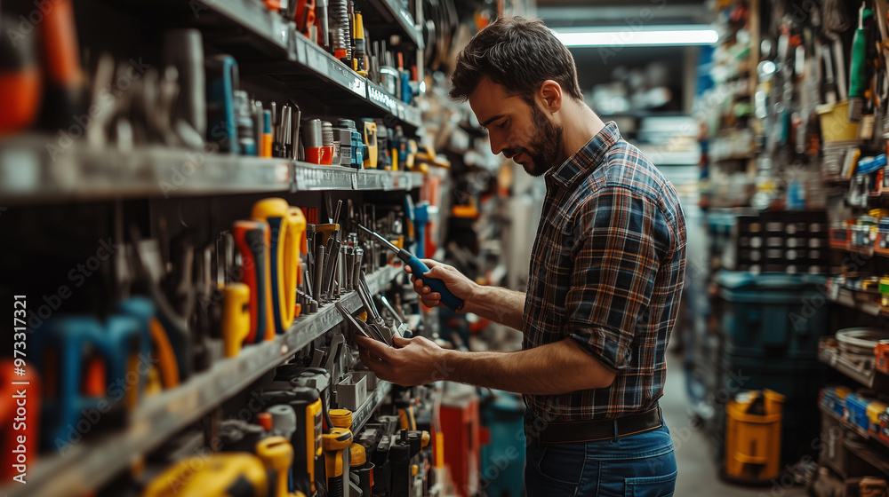 Man Selecting Tools in a Hardware Store Man Selecting Tools in a Hardware Store