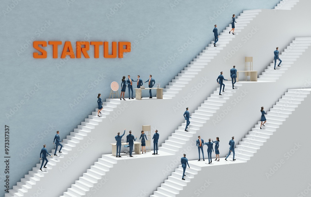 Obraz premium Groups of Business people are working in an Abstract environment with massive white stairs representing career, business, start up, professional perspectives. 3D rendering illustration