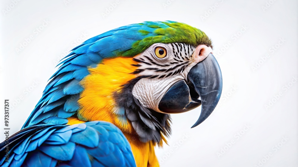 tropical, isolated, A stunning Blue Gold Macaw parrot is captured in a close up worm s eye view against a clean white background showcasing its vibrant blue and gold feathers tropical, isolated, A stunning Blue Gold Macaw parrot is captured in a close up worm s eye view against a clean white background showcasing its vibrant blue and gold feathers