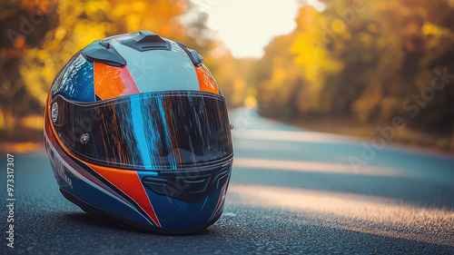 A vibrant motorbike helmet with colorful decals rests on road surrounded by trees photo