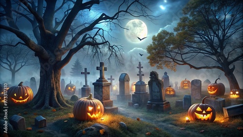 Eerie moonlit graveyard scene with creepy tombstones, glowing jack-o-lanterns, and cobweb-covered trees casting ominous shadows on a dark and foreboding All Hallows' Eve night.