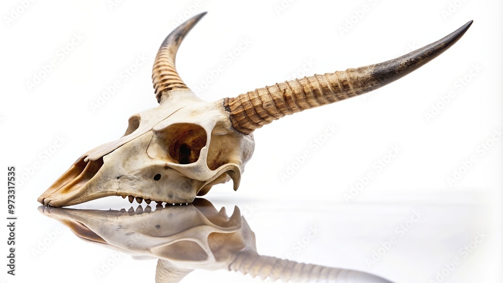 bone, reflected, antelope, white background, skull, Africa, horns, anatomy, trophy, african,impala, safari, mammal, animal, bush, Impala skull isolated on a white background reflected
