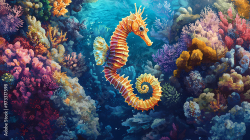 Fototapeta Naklejka Na Ścianę i Meble -  Vibrant seahorse nestled among colorful coral formations in warm, clear great barrier reef waters. Great Barrier Reef. Illustration