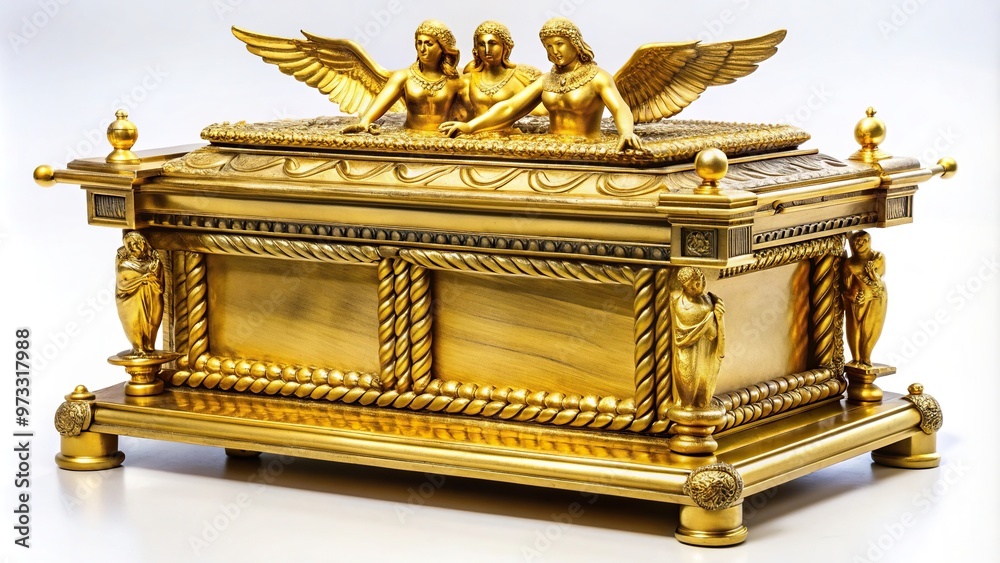 Fototapeta premium relic, historical, spirituality, A close up photo of the Ark of the Covenant a gold covered wooden chest with angelic figures on top placed on a white background