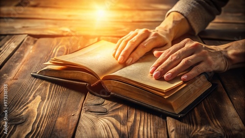 Elegant hands hold a worn leather-bound book, fingers tracing the tender curve of a poem's syllables, as morning sunlight illuminates the rustic wooden desk.