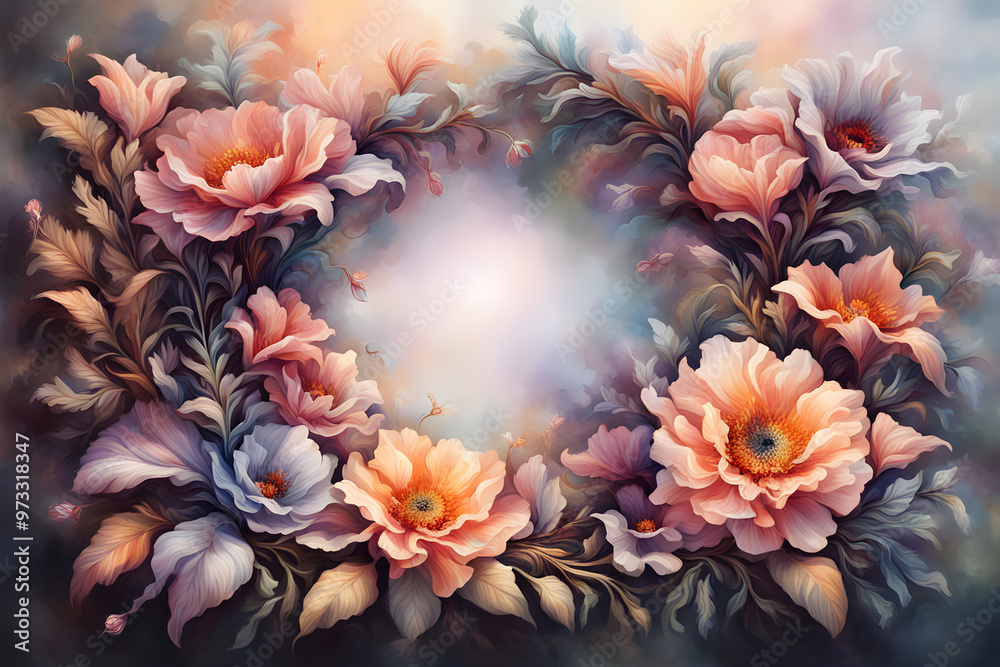 An Intriguing Floral Frame Exuding an Air of Mystery, Where Exotic Flowers and Bedazzling Blooms in Rich Colors Meet Lush Greenery
