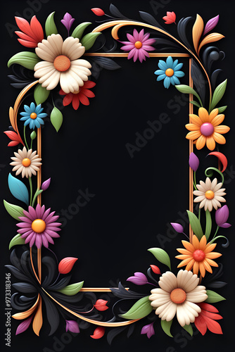 Attractive Floral Frame Art Isolated on a Solid Black Background with Vibrant Blooms