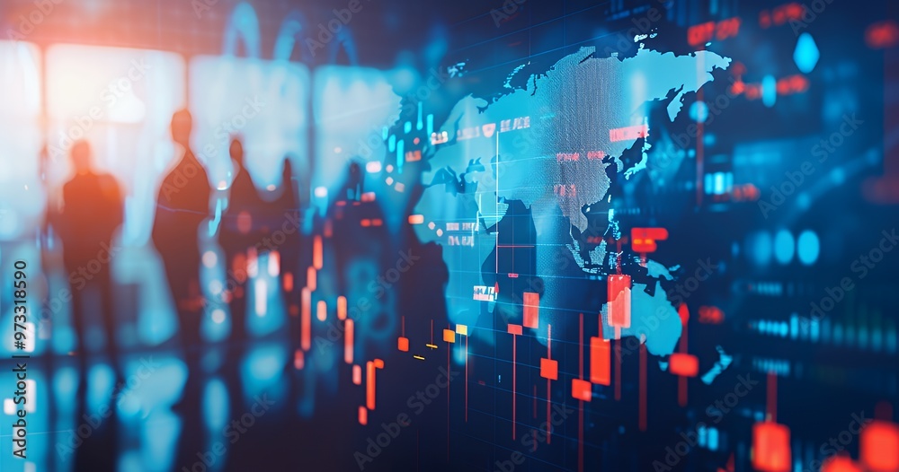Silhouettes of people standing in front of a screen with a world map, stock charts, and financial data.