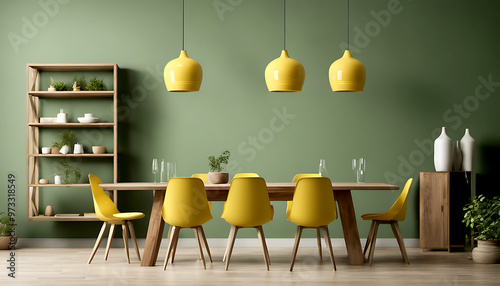 Stylish Modern Dining Room Interior: 3D Render of a Wooden Table and Chairs Against a Wall