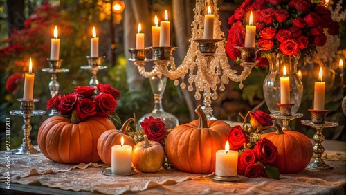 Ethereal candlelit pumpkins, lace-draped candelabras, and ravishing red roses adorn a mystical autumnal wedding reception, exuding enchanting Halloween charm and whimsical elegance.