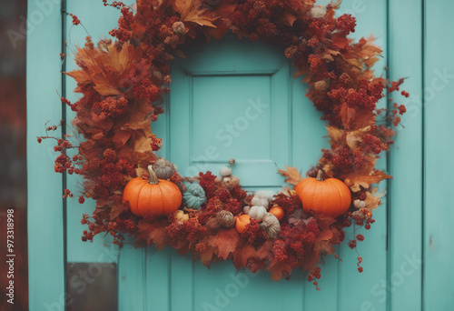 Fall autumn wreath orange and reds hanging on turquoise front door photo