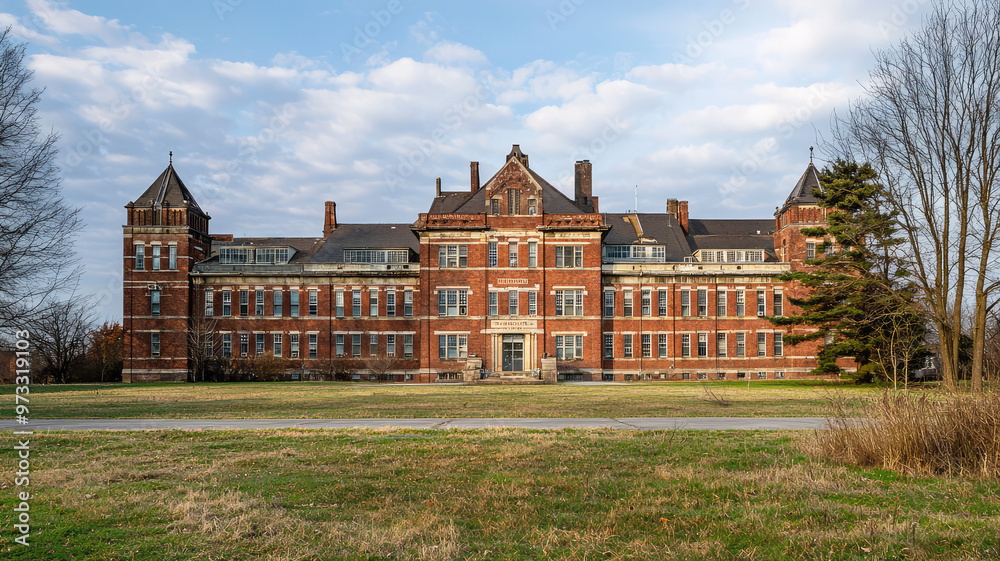 Old style brick hospital building showing historical architecture and charm Old style brick hospital building showing historical architecture and charm