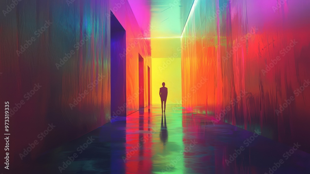 A solitary figure stands in a corridor bathed in vibrant light, the contrasting gradients emphasizing solitude and introspection. A solitary figure stands in a corridor bathed in vibrant light, the contrasting gradients emphasizing solitude and introspection.