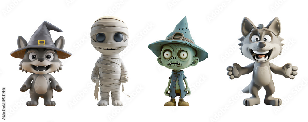 Obraz premium 3D Cartoon Characters: Cute and Funny Mummy, Werewolf, and Zombie for Kids’ Halloween Party, Isolated on Transparent Background, PNG