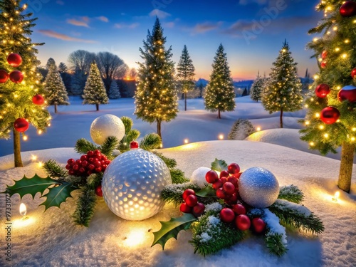 Festively decorated golf course scenery featuring snow-covered evergreen trees, twinkling lights, and golf balls photo