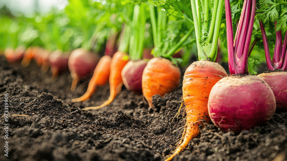 Freshly harvested carrots and beets in rich soil, showcasing vibrant colors Freshly harvested carrots and beets in rich soil, showcasing vibrant colors