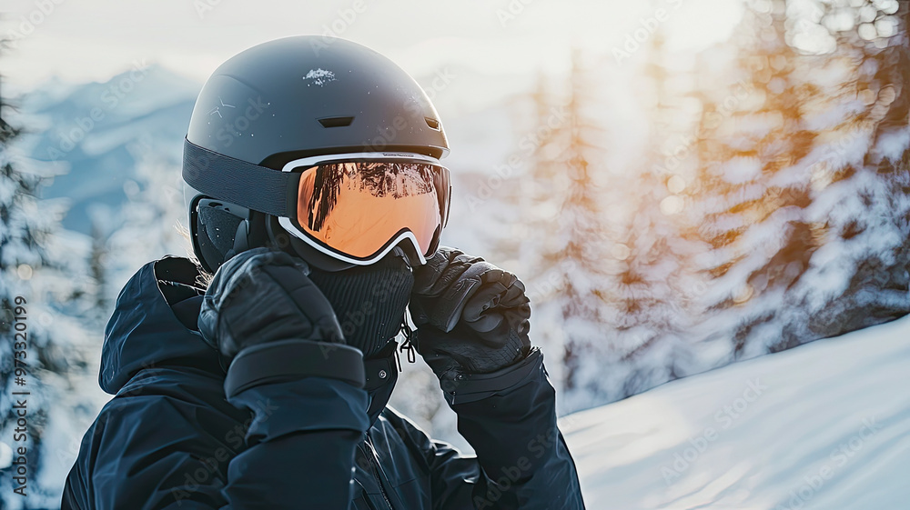 Adjusting helmet and goggles, snowboarder prepares for an exciting ride Adjusting helmet and goggles, snowboarder prepares for an exciting ride
