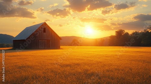 Rustic barn in a golden field at sunset