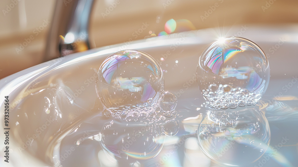 Bubbles resting on sink surface reflect light beautifully, creating serene scene