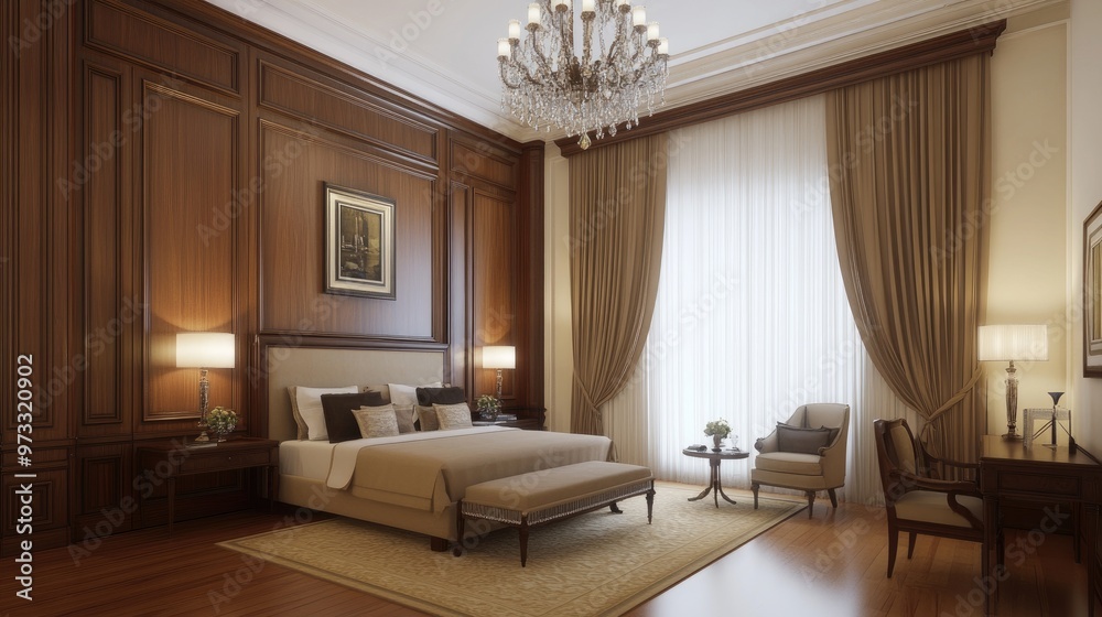 Fototapeta premium This modern bedroom showcases a brown velvet bed with a beige fabric headboard, complemented by wooden paneled walls and a stunning crystal chandelier above