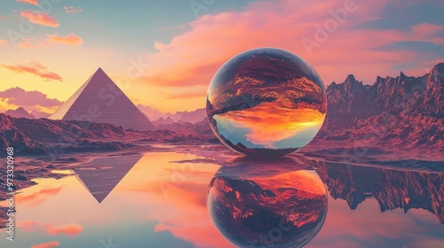 A surreal landscape featuring a large reflective sphere, a pyramid-shaped structure, and a mountainous backdrop under a vibrant sunset sky, creating a dreamlike and imaginative setting.