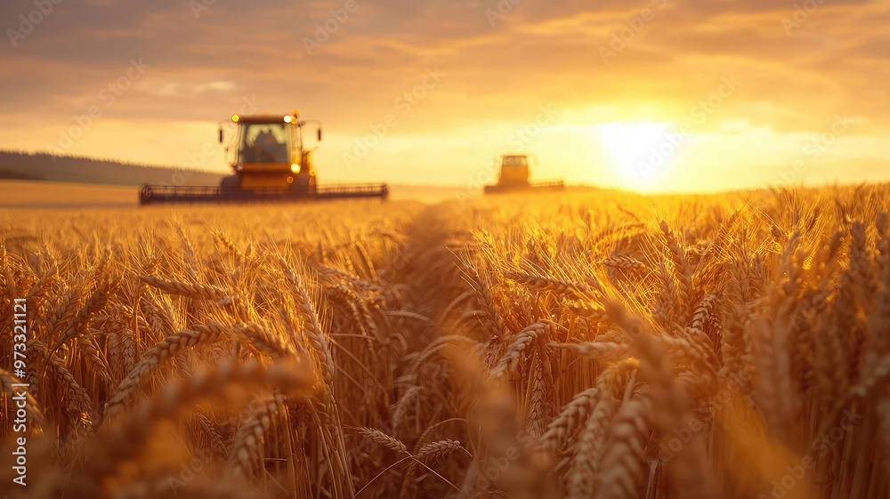 Fototapeta premium Golden wheat field at sunset with harvesters working joyfully