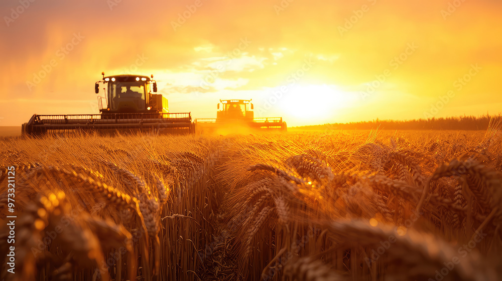 Fototapeta premium Harvesters working in golden wheat field at sunset, creating serene atmosphere