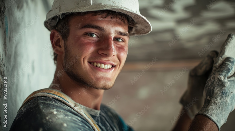 Happy Young Construction Worker Wearing a Yellow Hard Hat Smiling During Work on a Building Site Happy Young Construction Worker Wearing a Yellow Hard Hat Smiling During Work on a Building Site