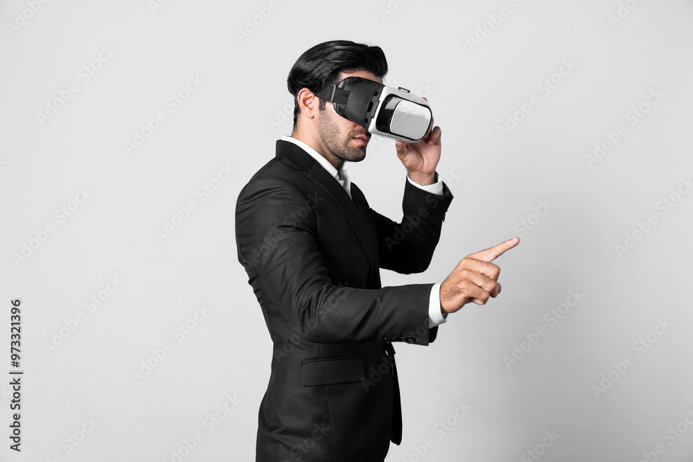 Project manager with virtual reality glasses looking at data analysis while analyzing and pointing data. Skilled business man using VR goggle and digital innovation while enter metaverse. Deviation. Project manager with virtual reality glasses looking at data analysis while analyzing and pointing data. Skilled business man using VR goggle and digital innovation while enter metaverse. Deviation.