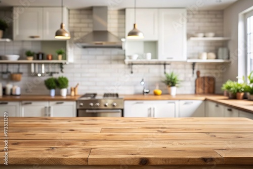 Empty tabletop over defocused kitchen with copy space symmetrical, bright, simplicity, space, shadow, background, tabletop, copy space, kitchen, room, symmetrical, contemporary, modern