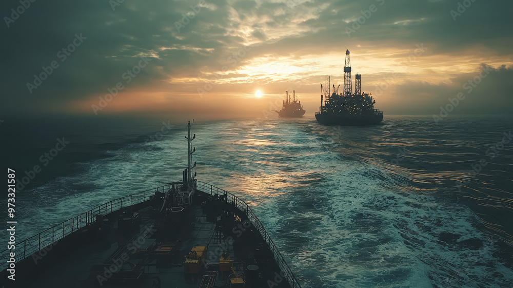 Fototapeta premium view from supply ship approaching an offshore oil platform is breathtaking