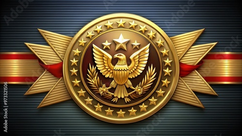 Glossy golden badge of honor featuring an eagle emblem on a circular background with intricate details and bold ribbons, symbolizing bravery and service excellence. photo