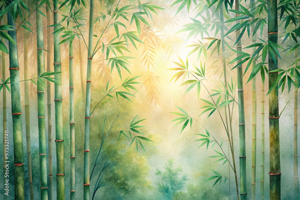 serene, soft pastel, A detailed close up of a watercolor painting capturing the tranquility of a bamboo forest surrounded by a vintage pastel nature pattern background serene, soft pastel, A detailed close up of a watercolor painting capturing the tranquility of a bamboo forest surrounded by a vintage pastel nature pattern background