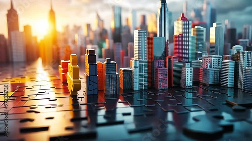 A timelapse of a city being built on top of puzzle pieces.