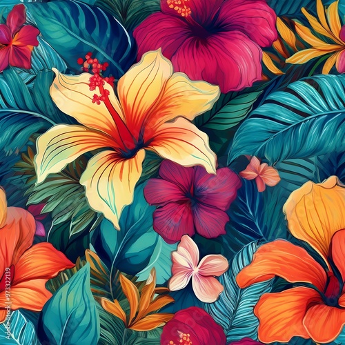 Lively Tropical Bloom Pattern: Hibiscus, Plumeria, and Bird of Paradise - Seamless and vibrant summer design featuring a variety of tropical flowers. Graphic art illustration