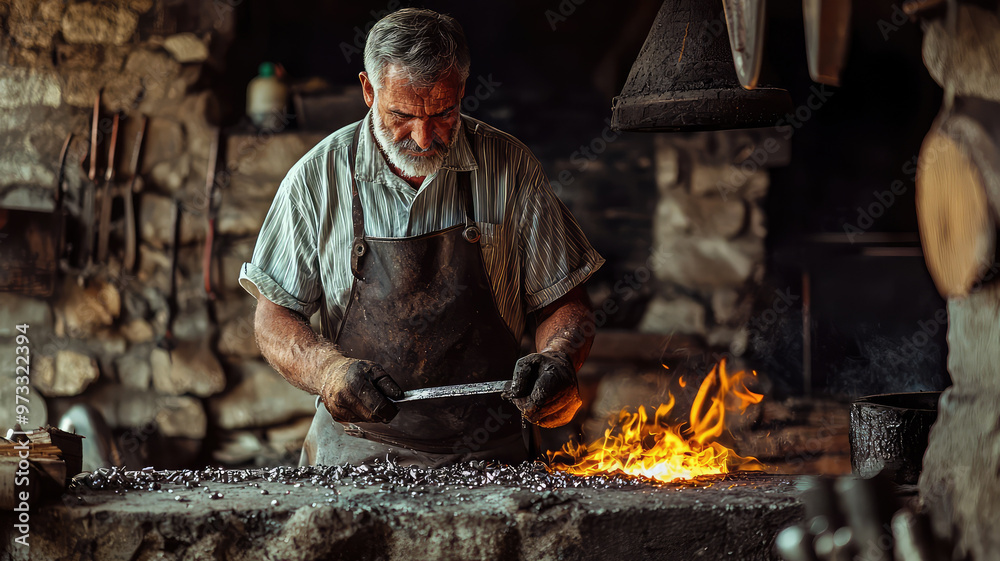 Fototapeta premium A blacksmith heating metal in traditional stone forge, showcasing craftsmanship and dedication
