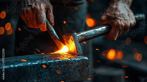 A blacksmith hammering glowing piece of metal, sparks flying around