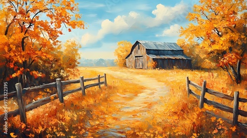Fototapeta Naklejka Na Ścianę i Meble -  Autumn Barn Landscape: A rustic barn stands solitary in a golden field, framed by vibrant fall foliage. The path leading towards the barn is lined with a weathered fence, creating a scene of tranquili
