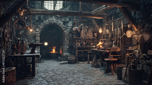 A blacksmith shop in fantasy world with enchanted tools and glowing forge photo